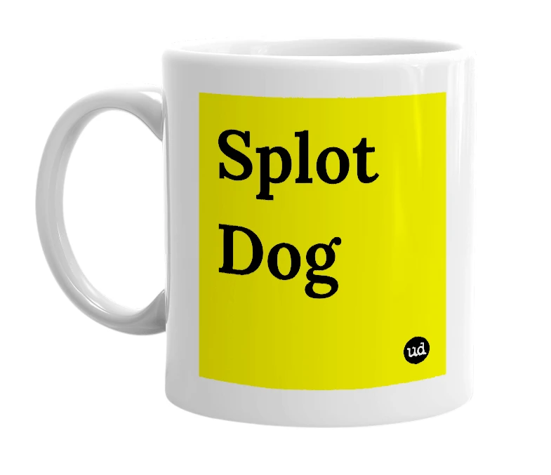 White mug with 'Splot Dog' in bold black letters