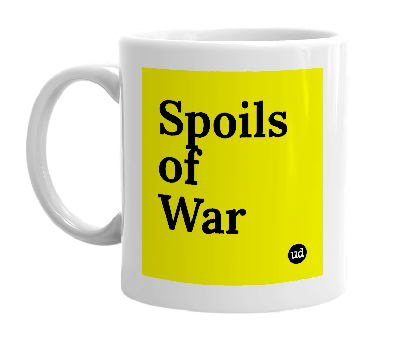 White mug with 'Spoils of War' in bold black letters