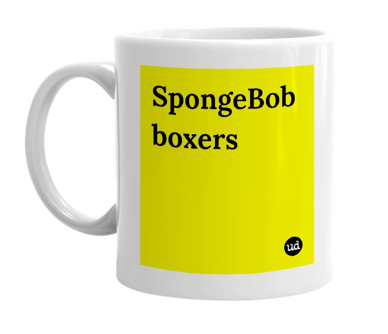 White mug with 'SpongeBob boxers' in bold black letters