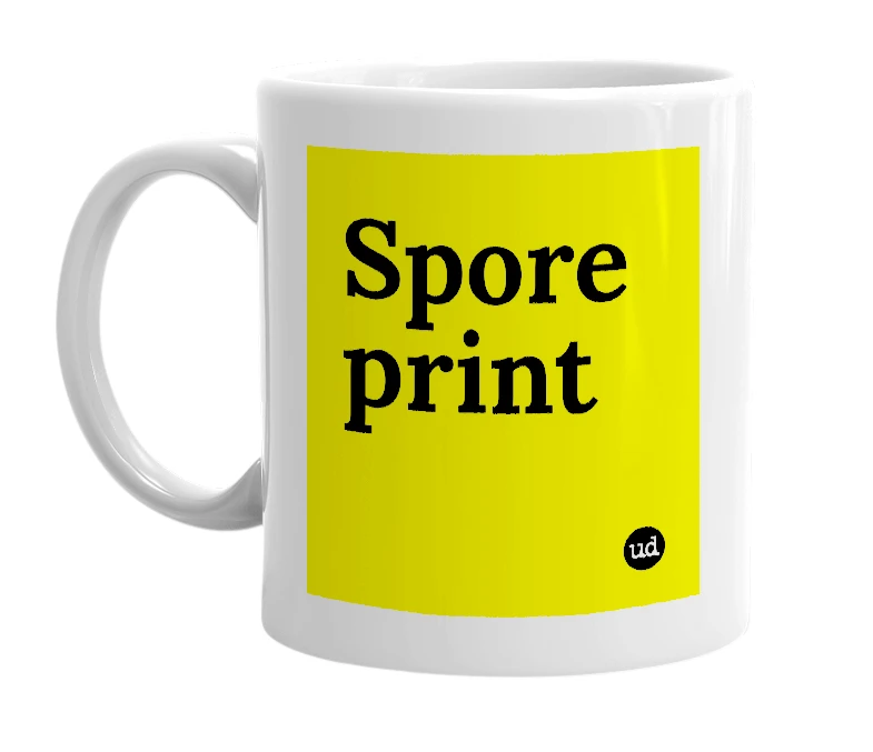 White mug with 'Spore print' in bold black letters