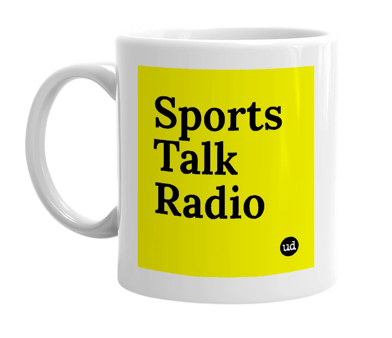 White mug with 'Sports Talk Radio' in bold black letters