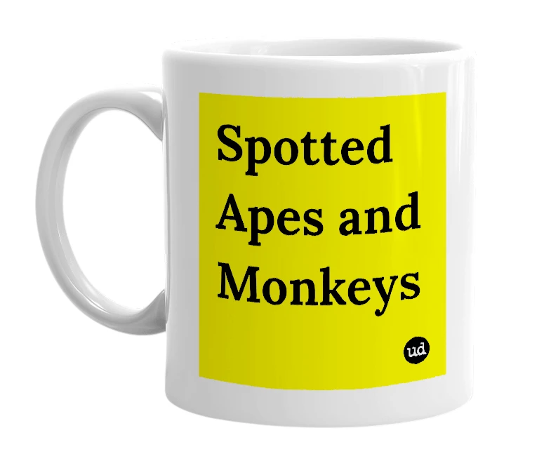 White mug with 'Spotted Apes and Monkeys' in bold black letters