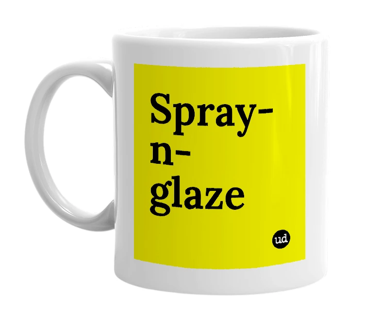 White mug with 'Spray-n-glaze' in bold black letters