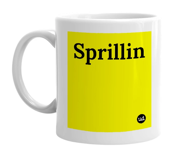 White mug with 'Sprillin' in bold black letters