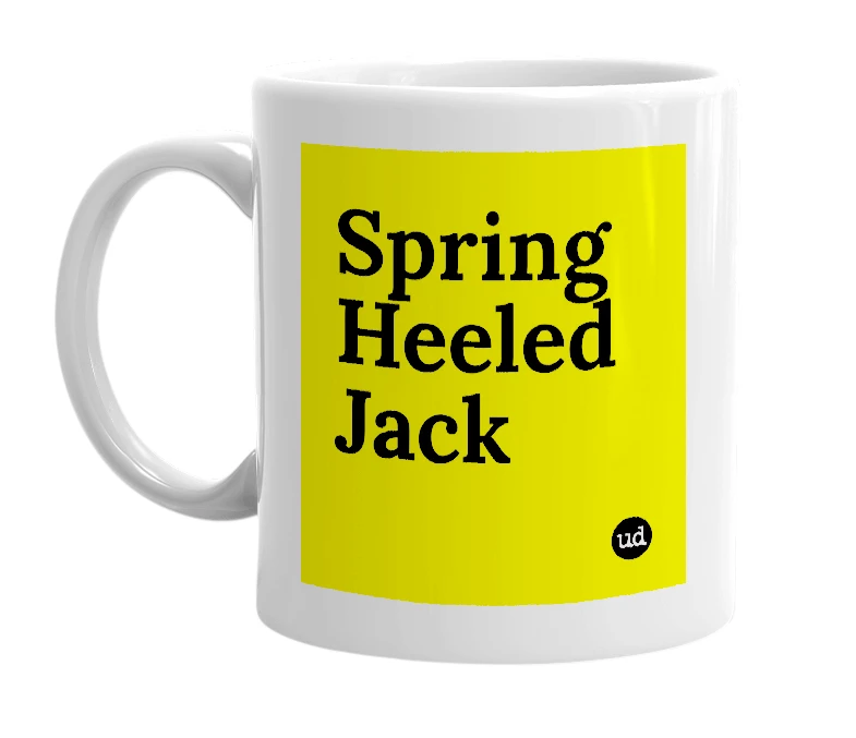 White mug with 'Spring Heeled Jack' in bold black letters