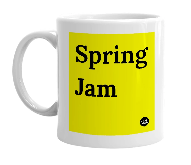 White mug with 'Spring Jam' in bold black letters