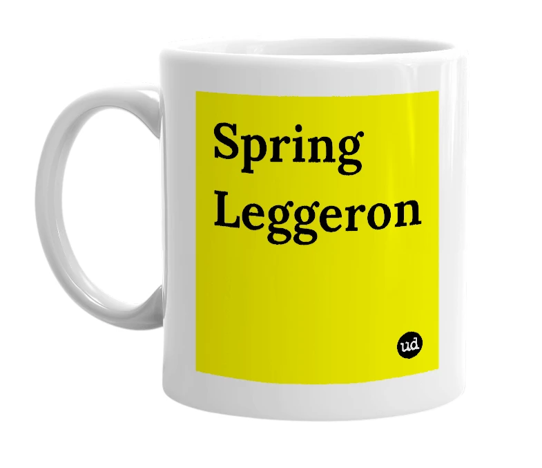 White mug with 'Spring Leggeron' in bold black letters