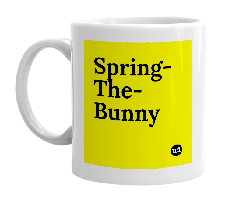 White mug with 'Spring-The-Bunny' in bold black letters