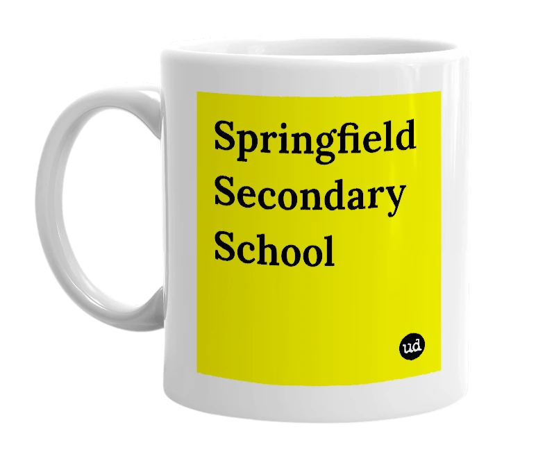 White mug with 'Springfield Secondary School' in bold black letters