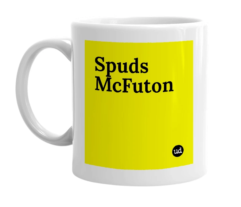 White mug with 'Spuds McFuton' in bold black letters