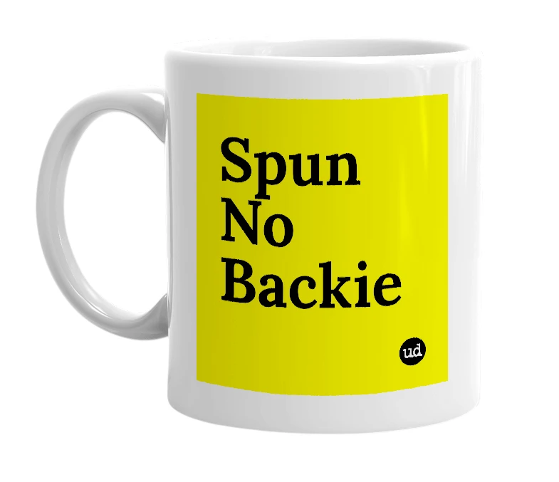 White mug with 'Spun No Backie' in bold black letters