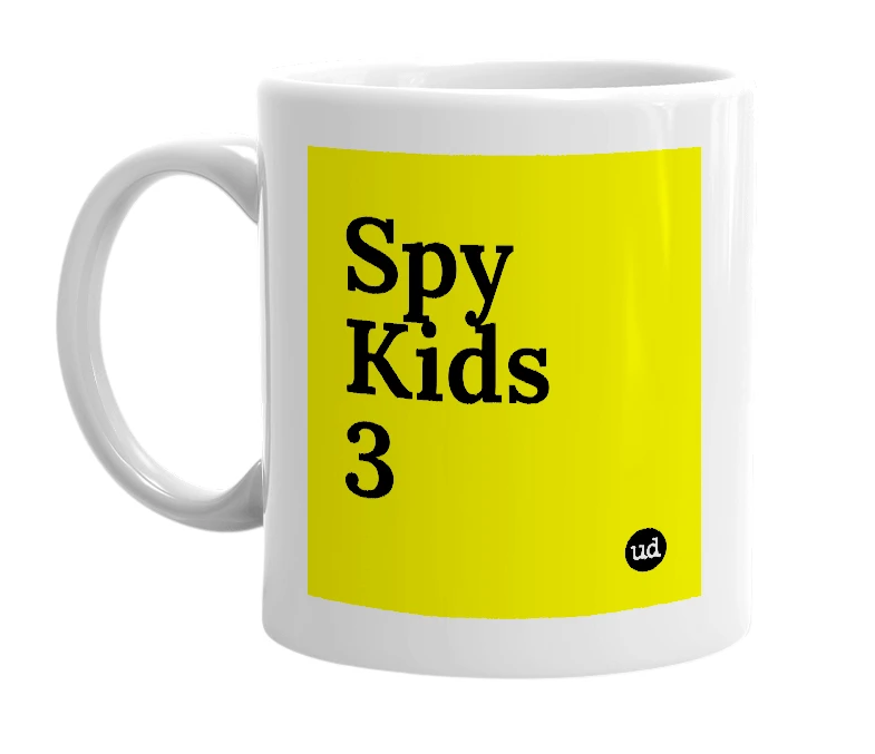 White mug with 'Spy Kids 3' in bold black letters
