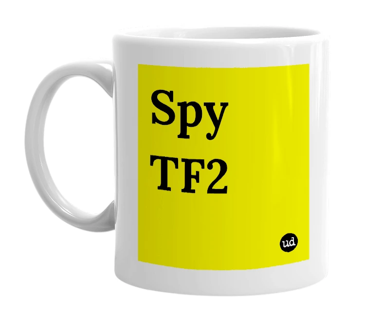 White mug with 'Spy TF2' in bold black letters