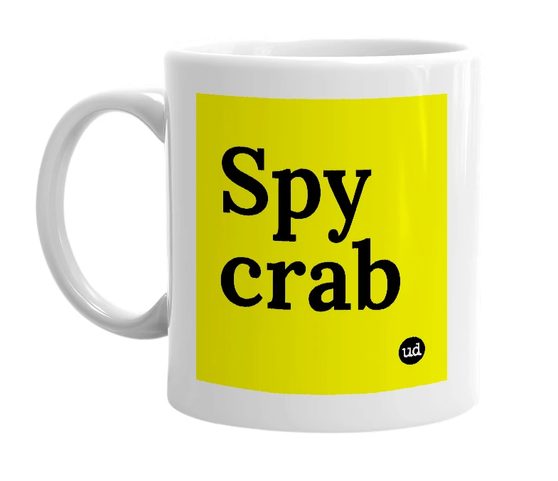 White mug with 'Spy crab' in bold black letters