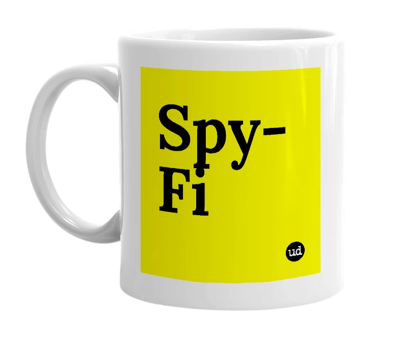 White mug with 'Spy-Fi' in bold black letters