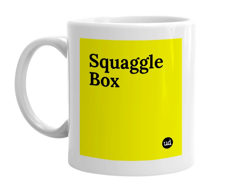 White mug with 'Squaggle Box' in bold black letters