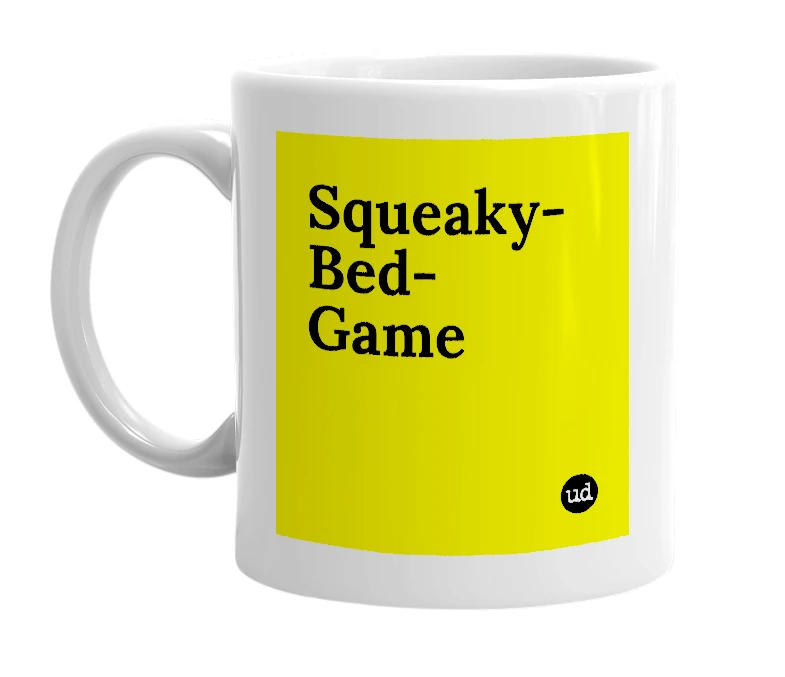 White mug with 'Squeaky-Bed-Game' in bold black letters