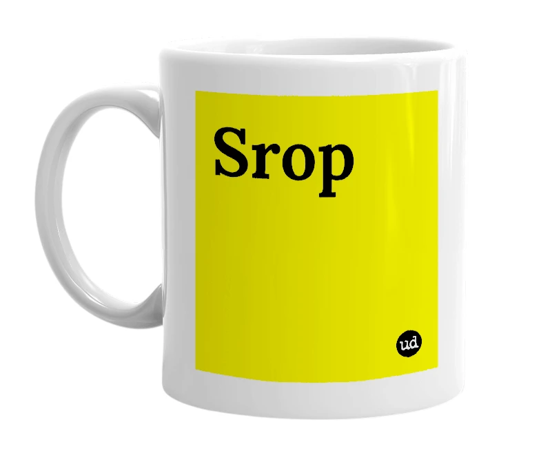 White mug with 'Srop' in bold black letters