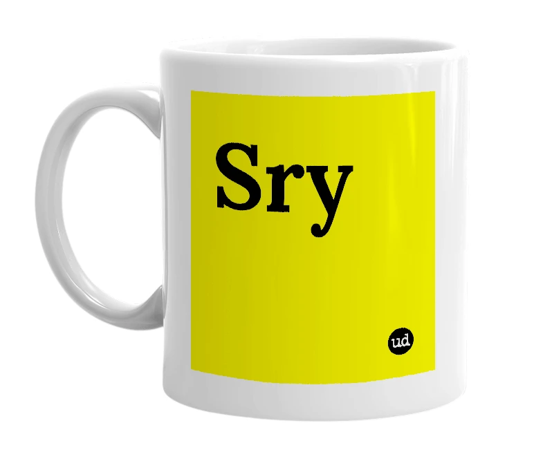 White mug with 'Sry' in bold black letters