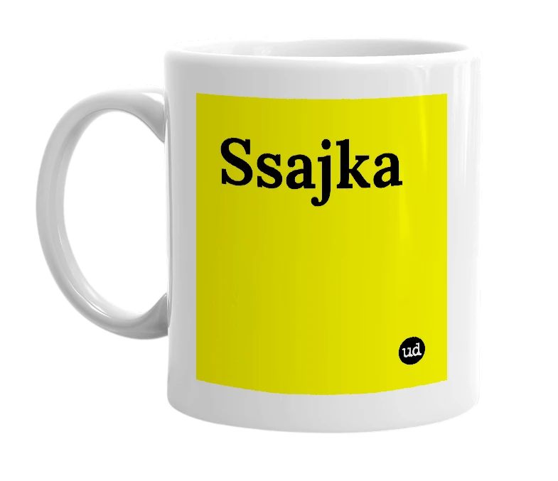 White mug with 'Ssajka' in bold black letters