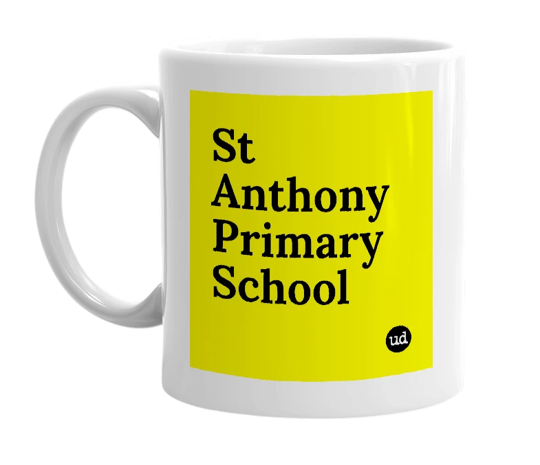 White mug with 'St Anthony Primary School' in bold black letters