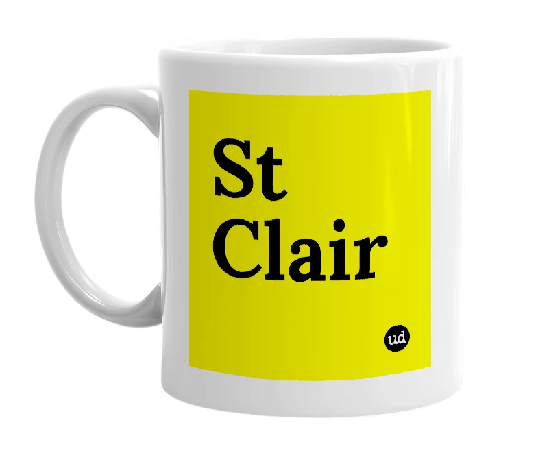 White mug with 'St Clair' in bold black letters