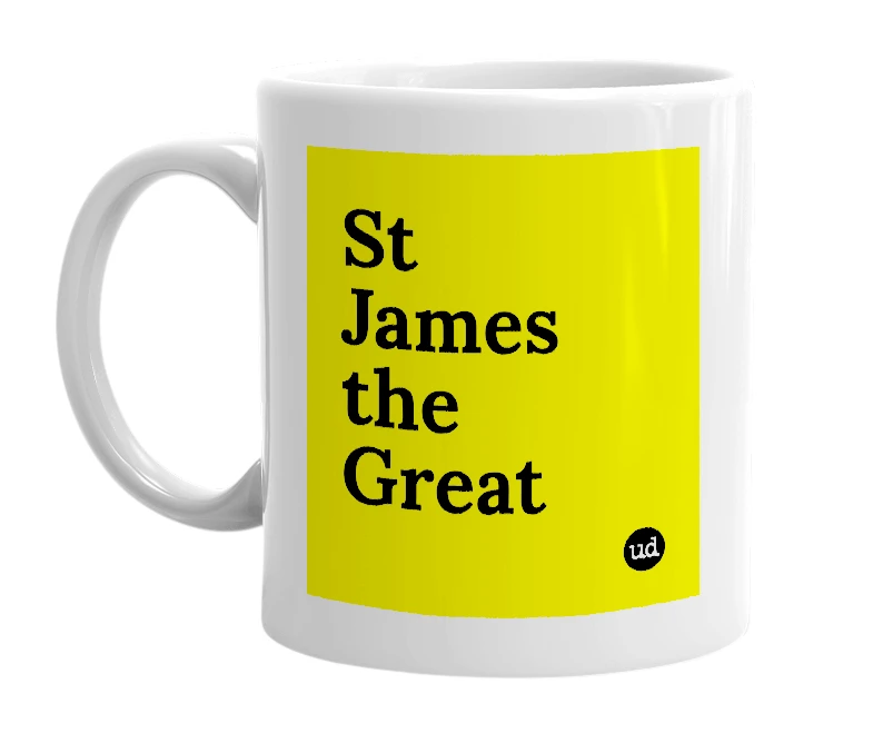 White mug with 'St James the Great' in bold black letters