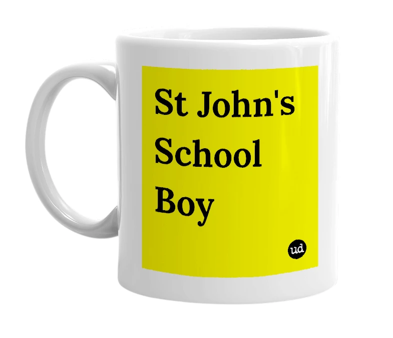 White mug with 'St John's School Boy' in bold black letters