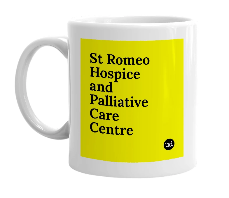 White mug with 'St Romeo Hospice and Palliative Care Centre' in bold black letters