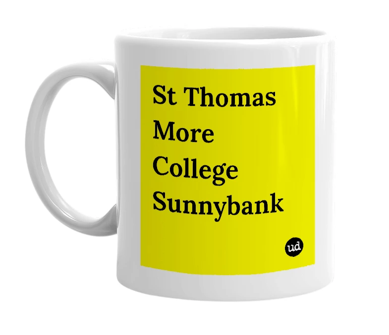 White mug with 'St Thomas More College Sunnybank' in bold black letters