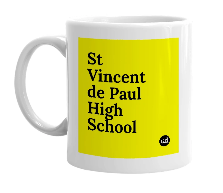 White mug with 'St Vincent de Paul High School' in bold black letters