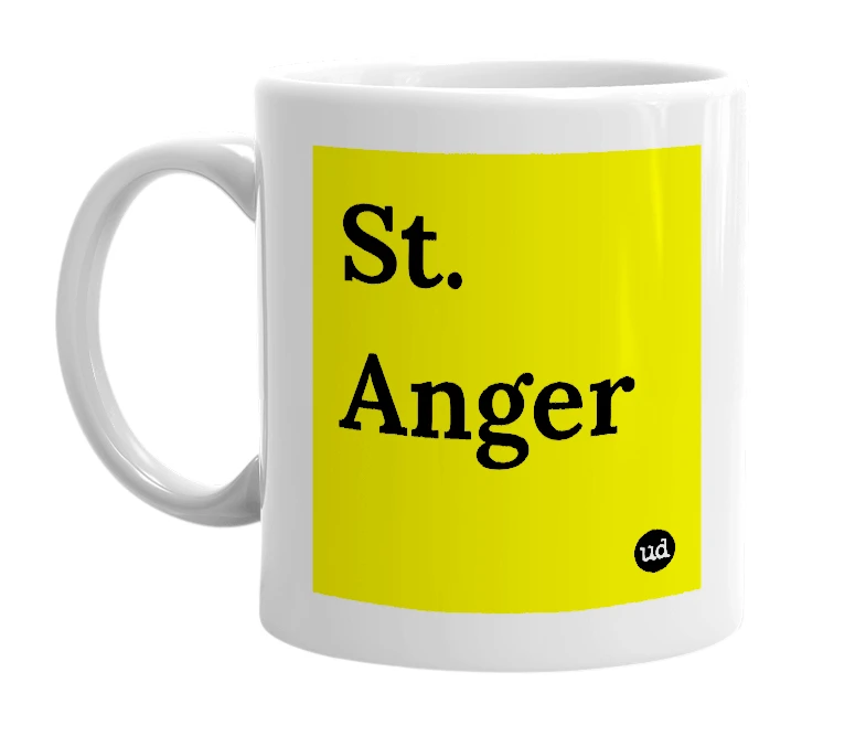 White mug with 'St. Anger' in bold black letters