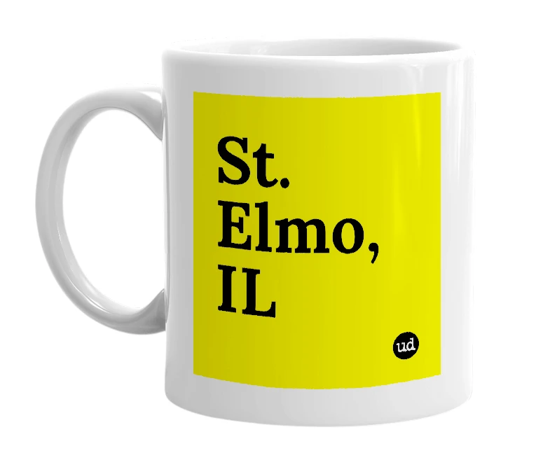 White mug with 'St. Elmo, IL' in bold black letters
