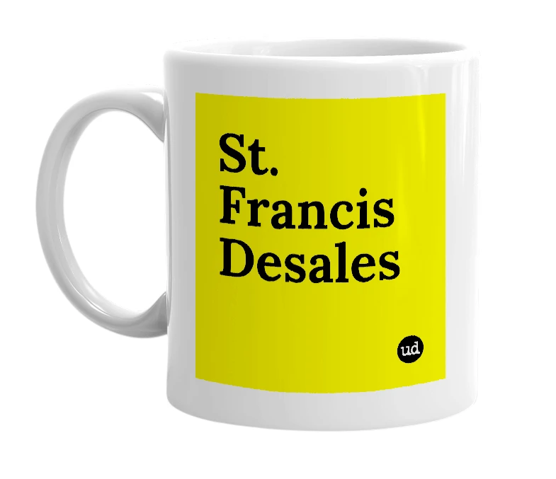 White mug with 'St. Francis Desales' in bold black letters