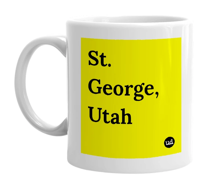 White mug with 'St. George, Utah' in bold black letters
