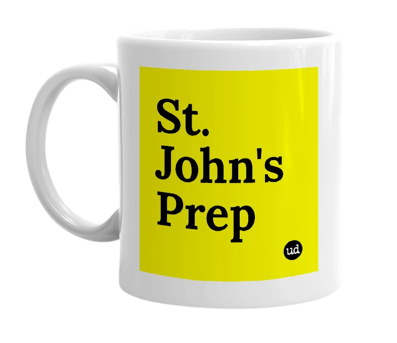 White mug with 'St. John's Prep' in bold black letters