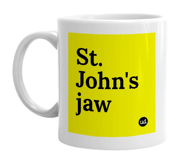 White mug with 'St. John's jaw' in bold black letters