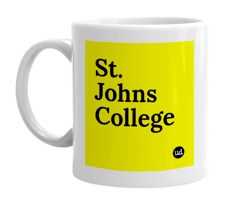 White mug with 'St. Johns College' in bold black letters