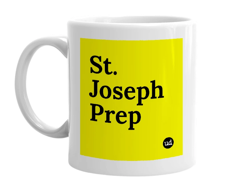 White mug with 'St. Joseph Prep' in bold black letters