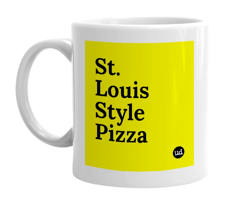 White mug with 'St. Louis Style Pizza' in bold black letters