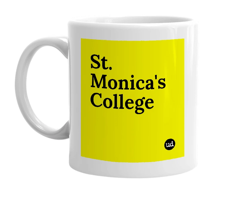 White mug with 'St. Monica's College' in bold black letters