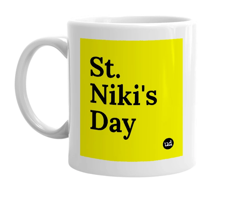 White mug with 'St. Niki's Day' in bold black letters