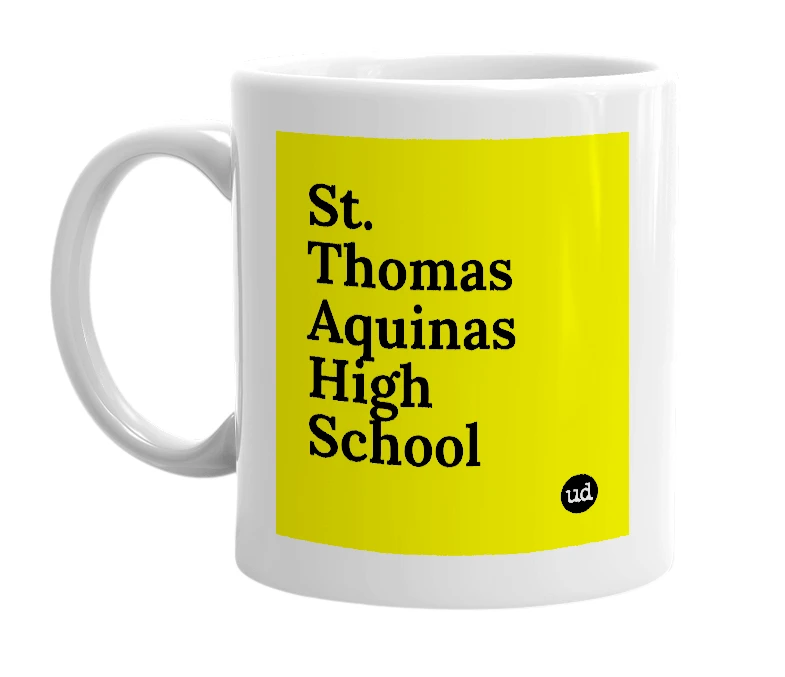 White mug with 'St. Thomas Aquinas High School' in bold black letters