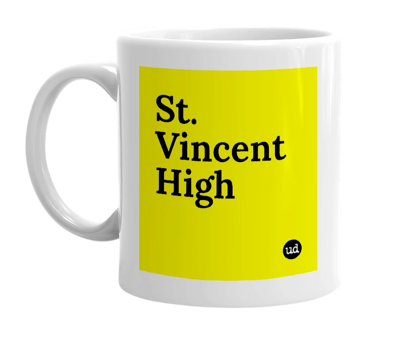 White mug with 'St. Vincent High' in bold black letters