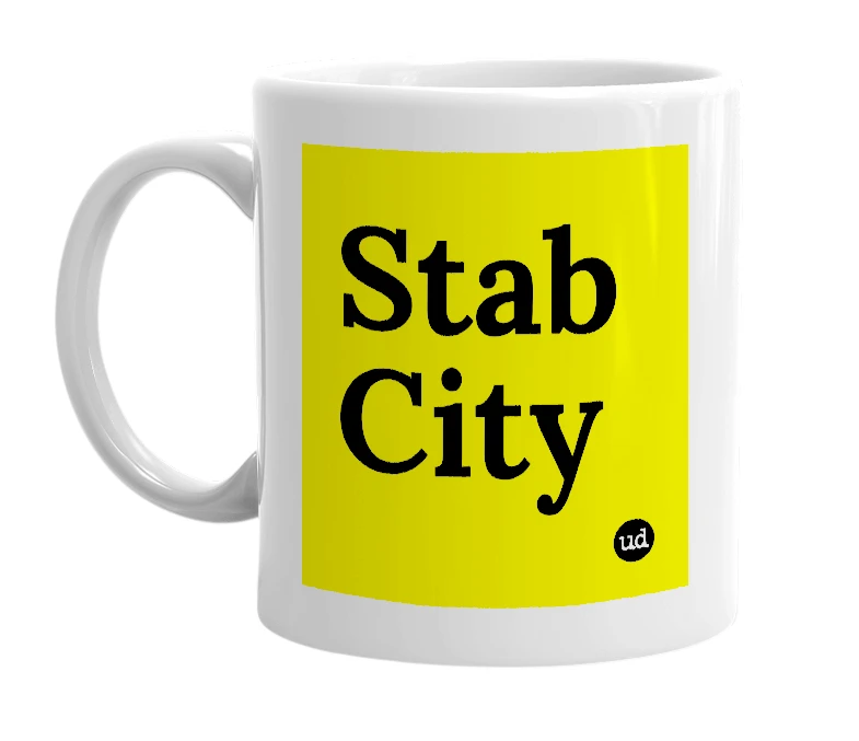 White mug with 'Stab City' in bold black letters