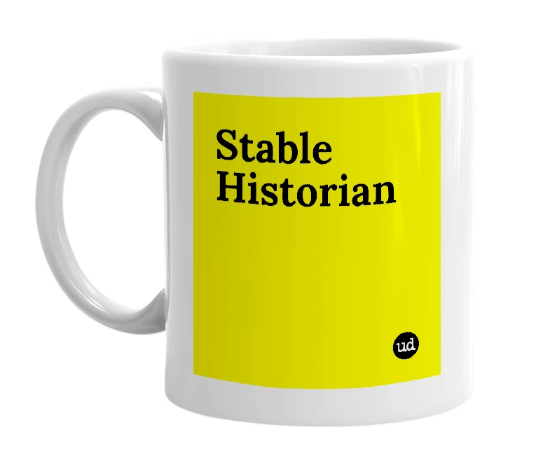 White mug with 'Stable Historian' in bold black letters