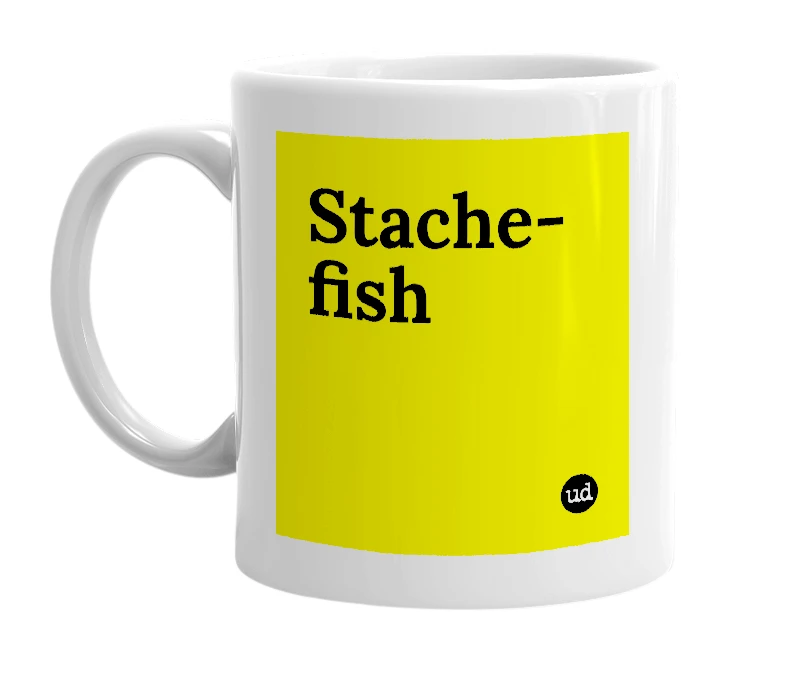 White mug with 'Stache-fish' in bold black letters