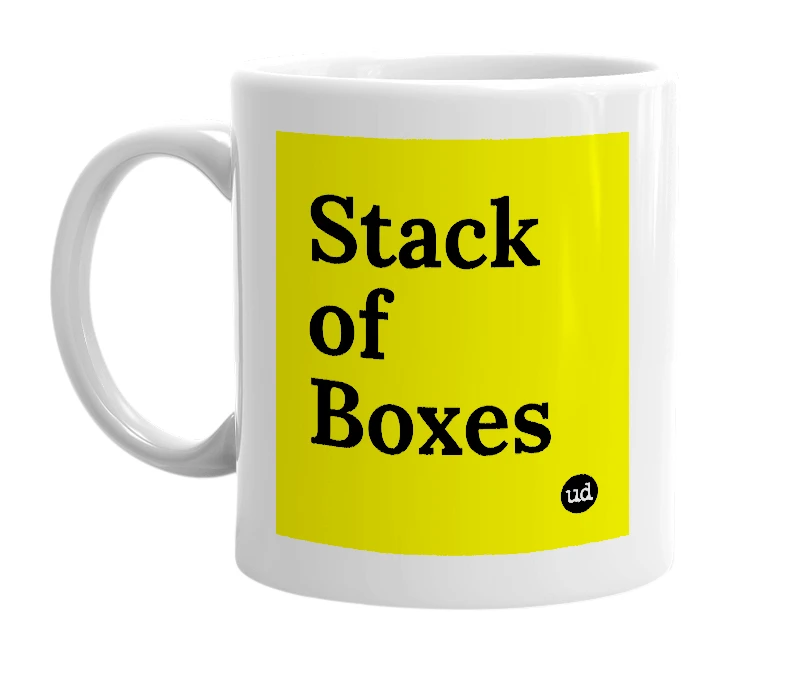 White mug with 'Stack of Boxes' in bold black letters