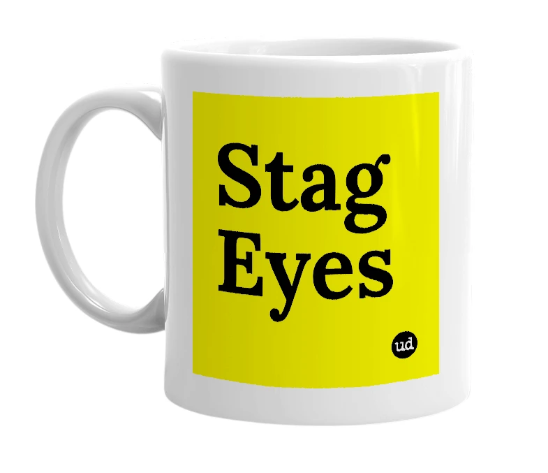 White mug with 'Stag Eyes' in bold black letters