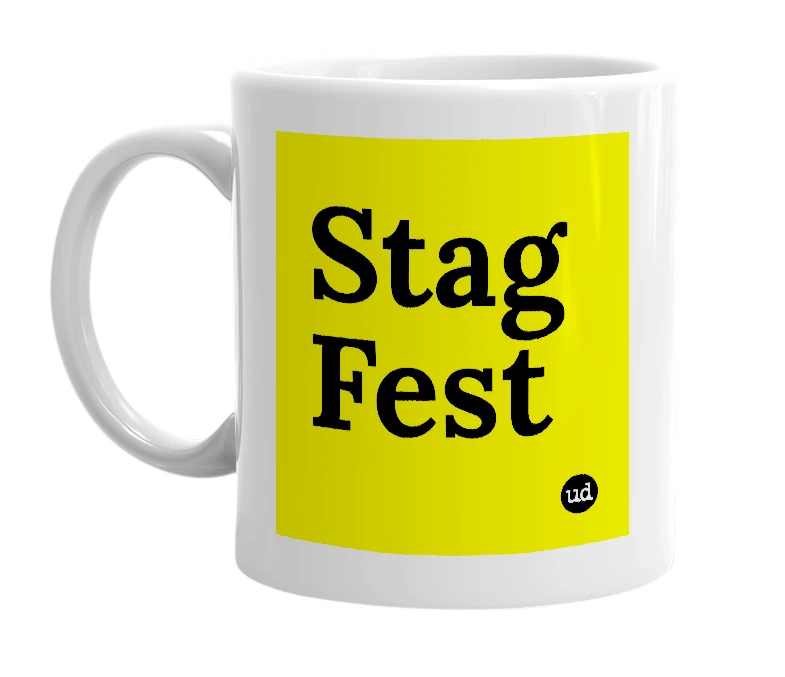 White mug with 'Stag Fest' in bold black letters